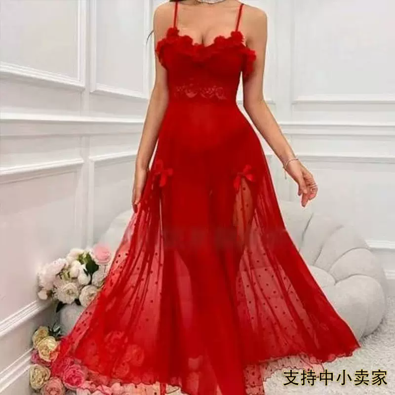 性感网纱透视睡衣蕾丝刺绣吊带睡裙女,标准欧码支持中小卖家透气