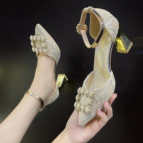Stylish Women's Spring and Autumn Season Heels  New Arrival, Cute and Elegant with a Hat, Thick Heel, Pearl Detail, Fashionable Chanel Style Sandals