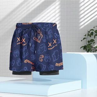 High-end men's swimming trunks double-layer anti-embarrassment quick-drying anti-light beach pants running professional plus size swimming trunks swimsuit