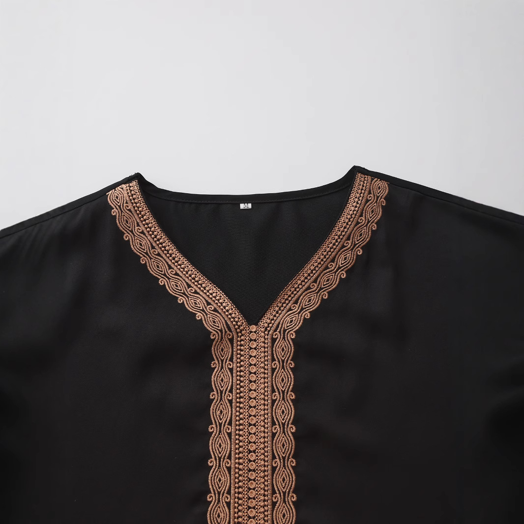 Ethnic Embroidered Kaftan Tunic For Men – Breathable Black Linen-Like Polyester With Hand-Stitched Motifs (Loose Fit, 5-Size Range, Machine Washable)​_voghion.com