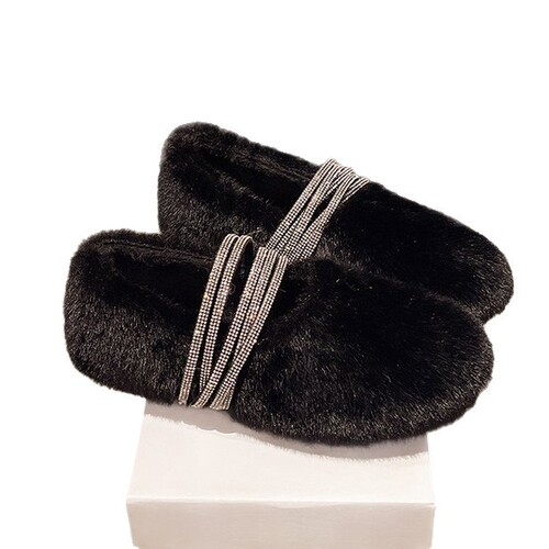 One-Pedal Moccasin Shoes - Autumn/Winter New Water Diamond French Perfume Style Outer Worn Cotton Shoes with High-End Warm Felted Head Slip-On Shoes