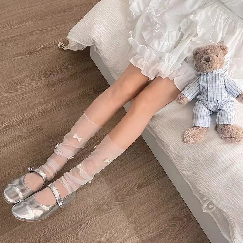 夏季超簿蕾丝网纱长筒袜透明隐形堆堆袜蝴蝶结洛丽塔少女小腿袜子