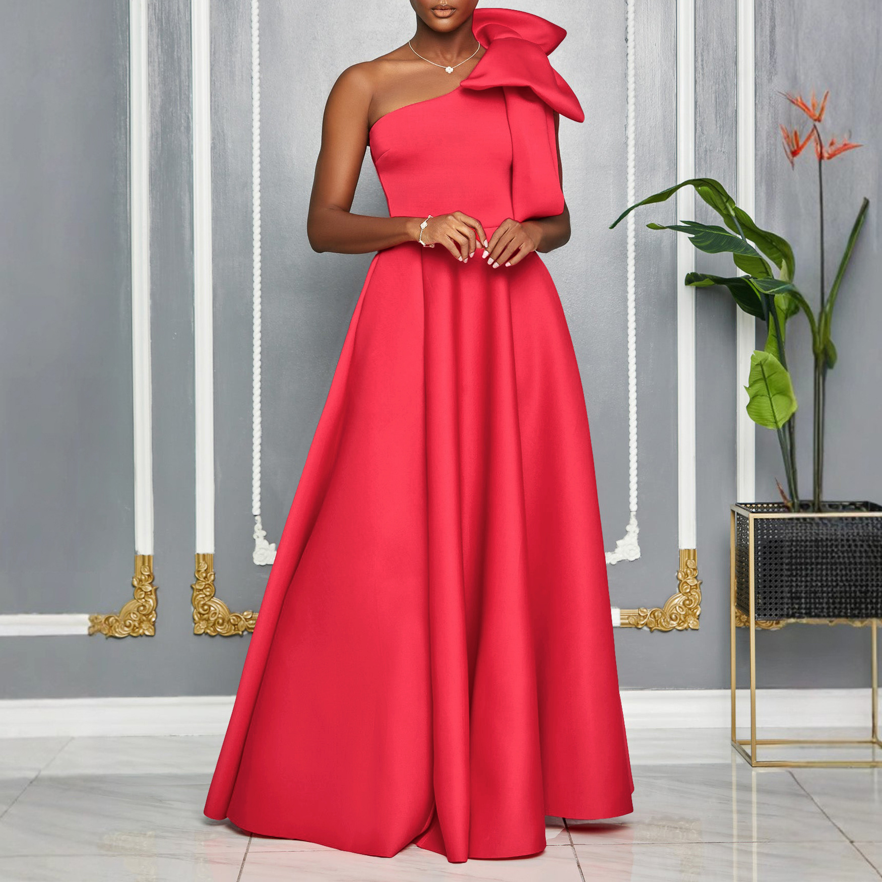 Women's One Shoulder Red Evening Dress With Bow, Elegant A-Line Maxi Gown For Wedding Guest, Prom & Formal Party_ecoleips.com