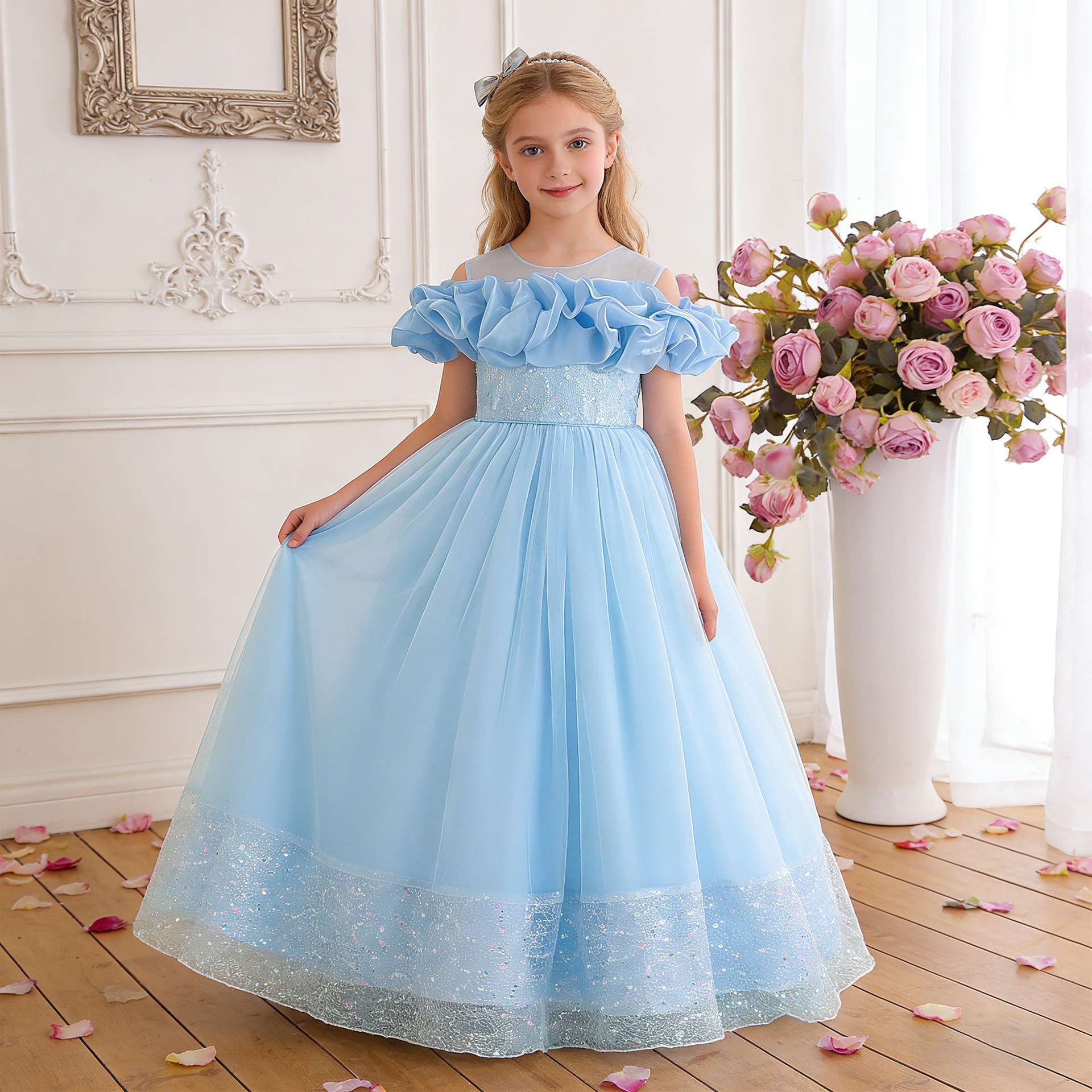 Ventas transfronterizas de vestidos de chicas grandes vestidos de ropa infantil de hombro de malla de tela larga vestida de princesa de lentejas