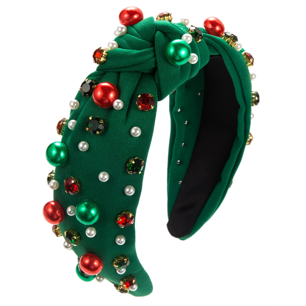 Hairband headband, European-style fabric with pearls, Christmas green/red, 15×13 cm, elegant knot