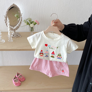 Summer Korean-style Baby Girl Cartoon Short-sleeved T-shirt suit Girl's Plaid Strawberry Shorts Cute Two-piece Suit
