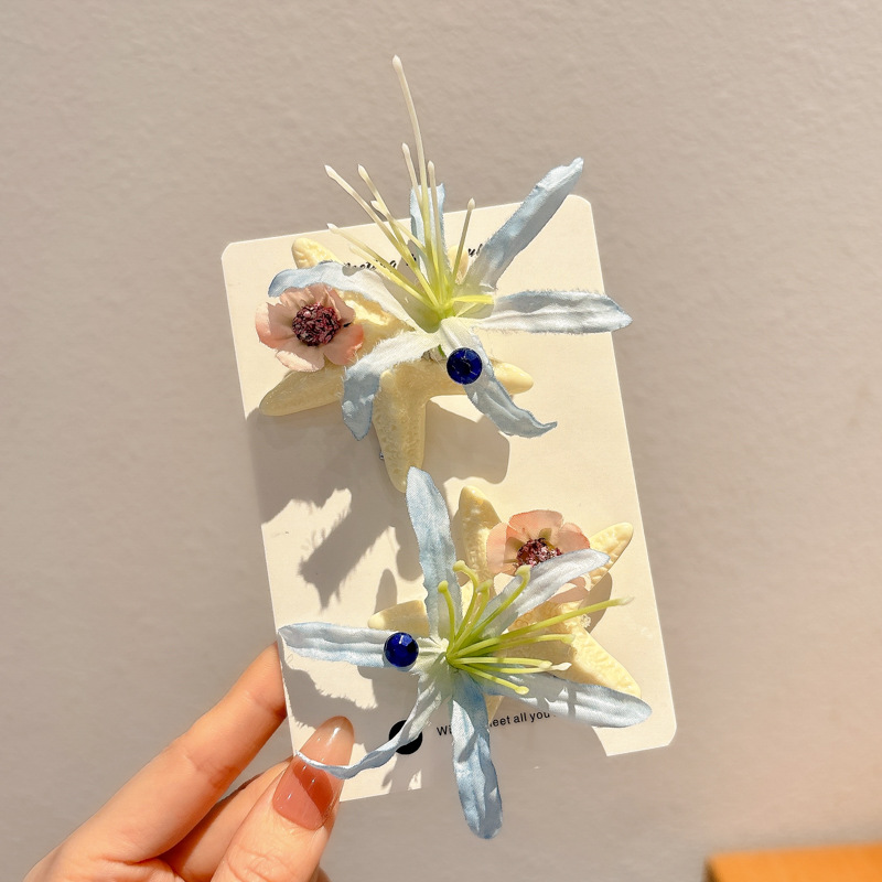 Tela con incrustaciones de diamantes, flor, estrella de mar, horquilla, nuevo estilo de vacaciones junto al mar, clip de pico de pato fresco, clip lateral dulce, accesorios para el cabello