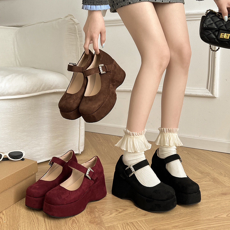 Thick bottom muffin Mary Jane shoes women's 2025 spring new temperament suede rhinestone word with wedge heel shoes plus size