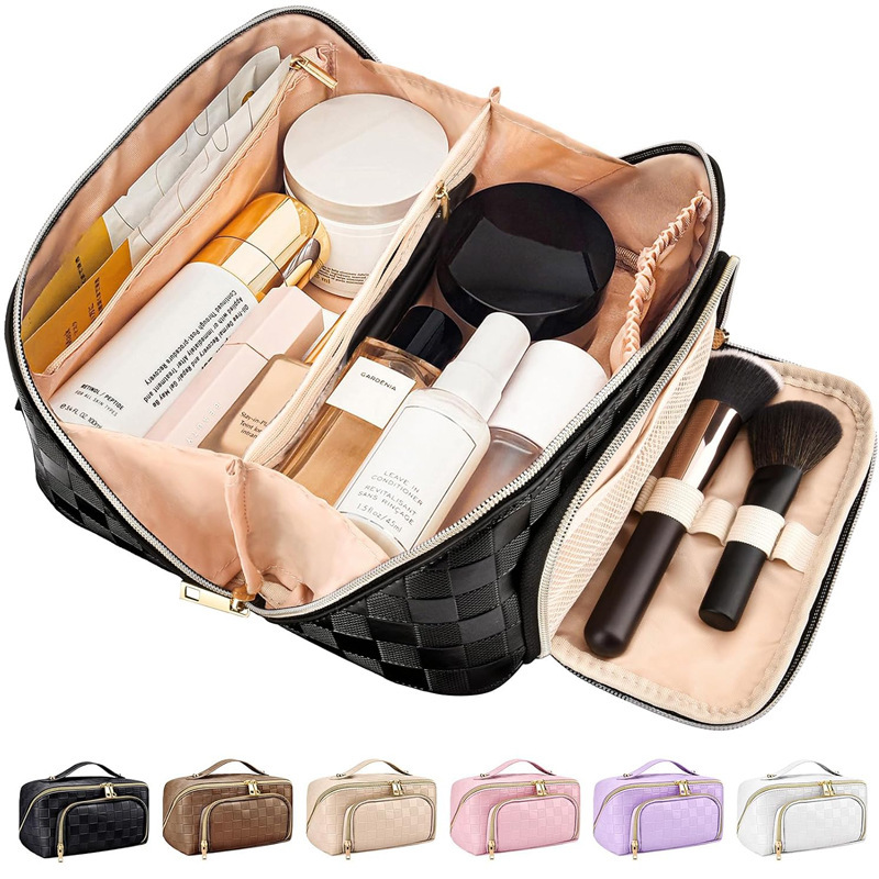 Women's travel cosmetic bag checkered makeup, portable bag open flat toiletries bag with divider and handle