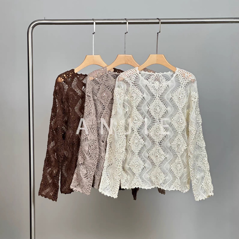 Sequin wave pattern hand-crocheted wool sweater, 2026 autumn/winter new product, exquisitely crafted hollow-out knit cardigan
