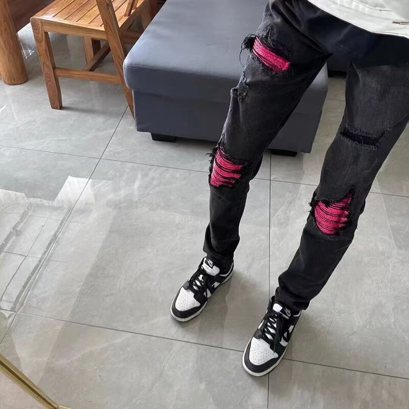 High Street Trendy Brand New Black Ripped Jeans for Men with Red Patches, Stretchy Slim Fit Skinny Pants High Street Trendy Brand New Black Ripped Jeans for Men with Red Patches, Stretchy Slim Fit Skinny Pants