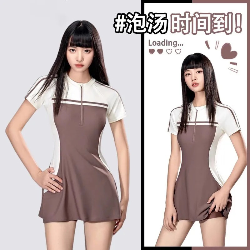 Women's Swimsuit 2026 One-Piece Dress for Hot Springs, One-Piece Tummy-Covering Women's Swimwear, Fashionable, Conservative, Slimming Swimwear