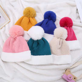 跨境兔毛球撞色针织帽冬季保暖可爱包头帽加厚护耳防风毛线帽批发