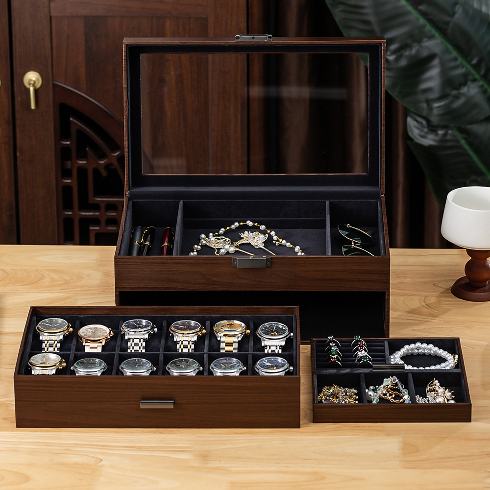 Wood grain paper series watch box jewelry box large capacity window transparent watch display box watch jewelry storage box