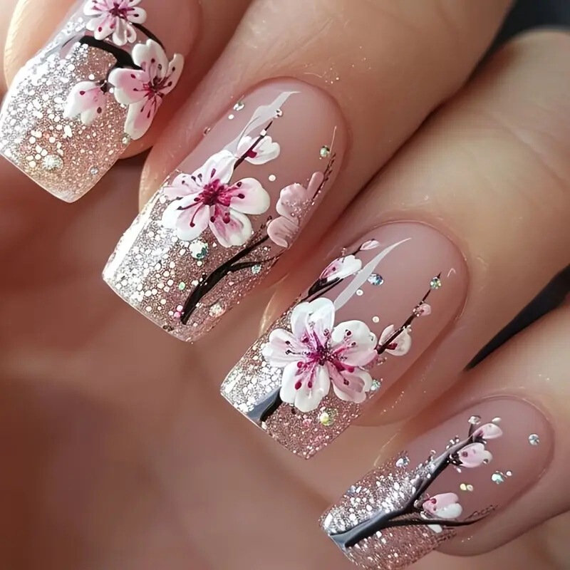 Cross-border wearing naked pink peach blossom nail art silver flash peach forest fake nails rectangular nail wholesale Cross-border wearing naked pink peach blossom nail art silver flash peach forest fake nails rectangular nail wholesale