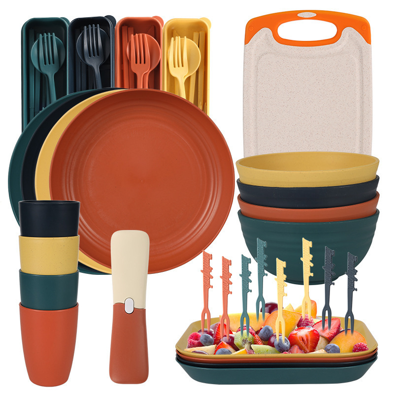 Tiktok Wheat Straw Outdoor Camping Portable Tableware Bowl Plate Cup Knife Fork Spoon Chopsticks Cutting Board Peeler Set