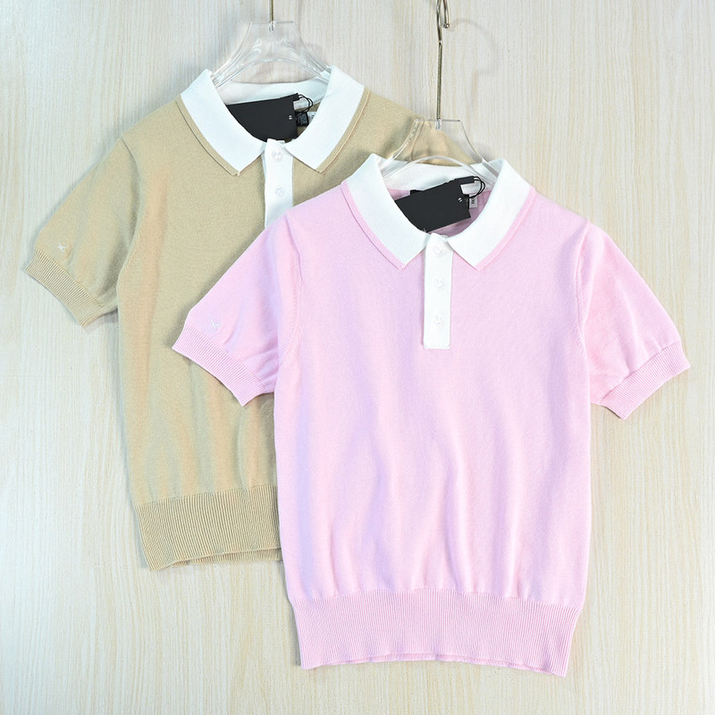 Siqi Women's Clothing 263/26 American Single-Embroidery Soft and Contrasting Color Polo Collar Casual Short-Sleeve Knit Top