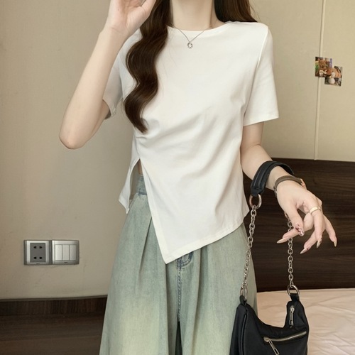 夏季正肩设计感小众抽绳修身短袖女T恤纯欲风辣妹上衣不规则下摆