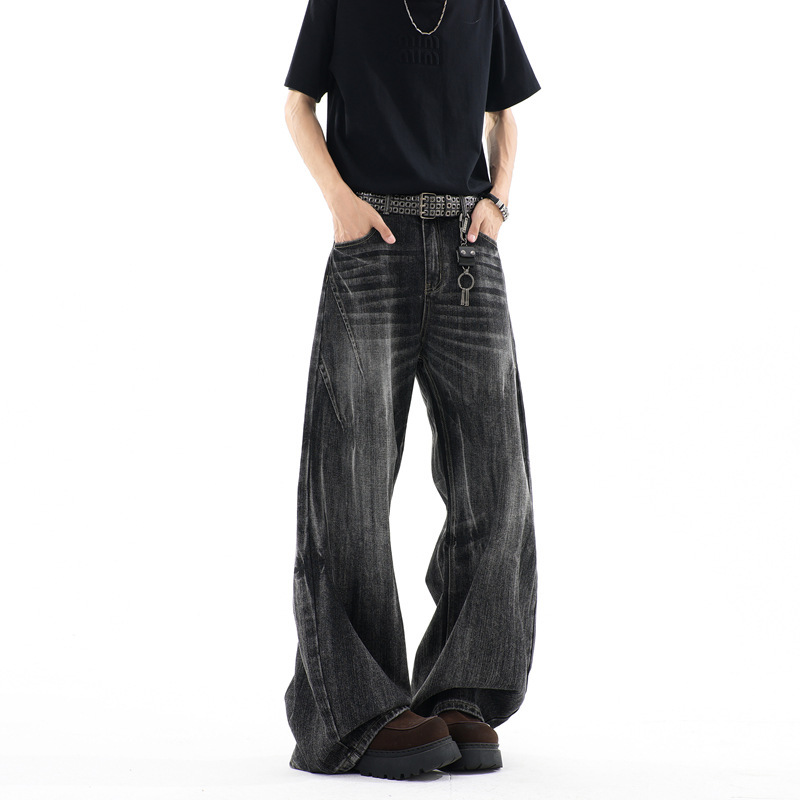 American Retro Washed Slub Texture Curved Hem Jeans for Men, Trendy Brand Design, Loose Wide-Leg Cleanfit Long Pants