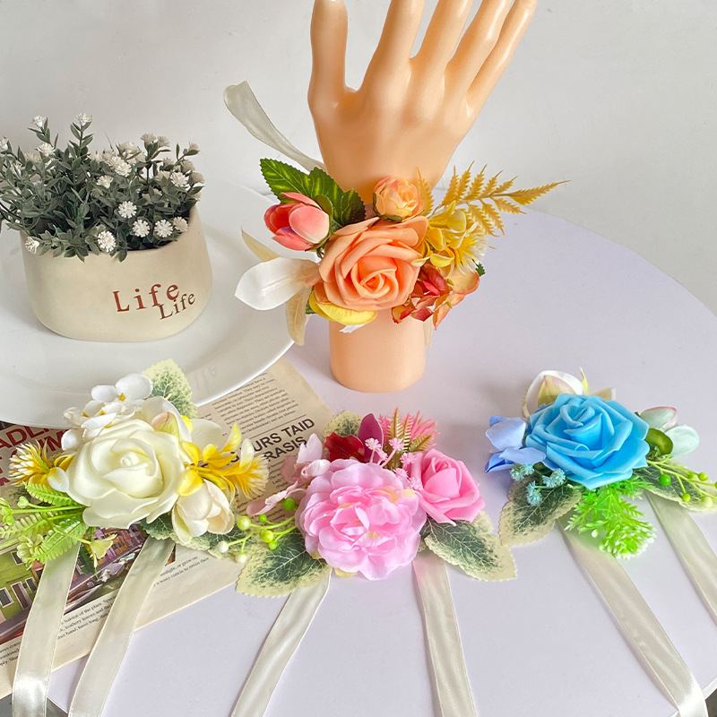 Flores de Muñeca para Damas de Honor, Estilo Nuevo, Venta al por Mayor en Hong Kong, Adornos Florales Tridimensionales, Hechos a Mano, con Rosas, Accesorios para Ropa