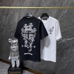 2025ss 夏新作 Crow CH クロス刺繍プリントプルオーバー純綿半袖 T シャツ男性と女性用