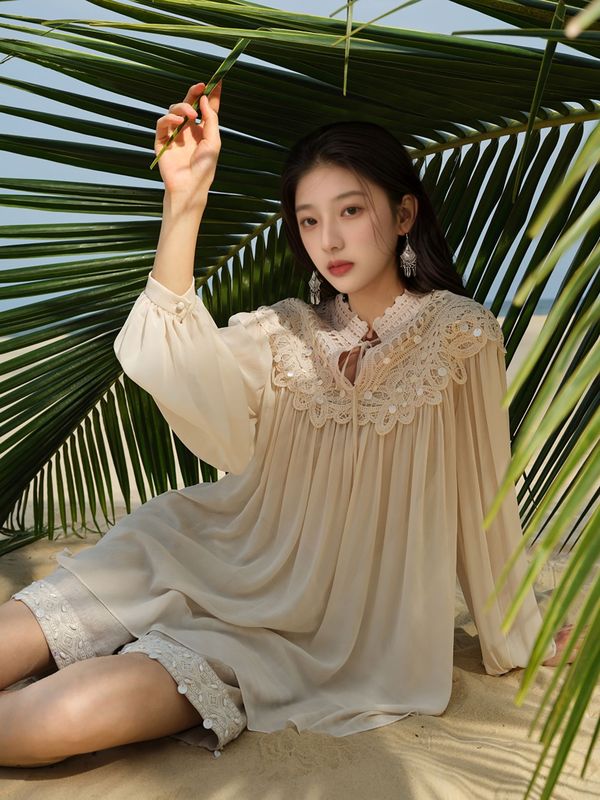 早秋温柔千金风高级衬衫女国潮新款水溶蕾丝云肩设计感上衣 N7039|undefined