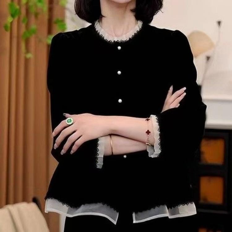 一件代发网红爆款法式丝绒假两件衬衫2025秋季新款时尚设计感上衣|undefined