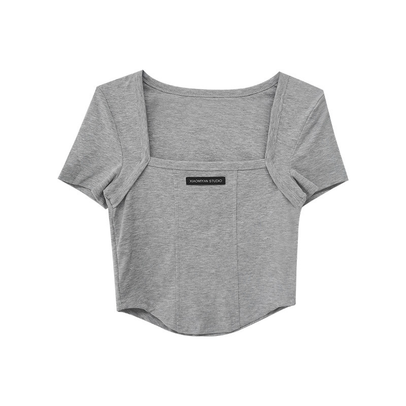 INS marea diseño sentido de la clavícula del cuello cuadrado puro quiere atar la primavera femenina y el verano corto curvo cintura manga corta Camiseta top