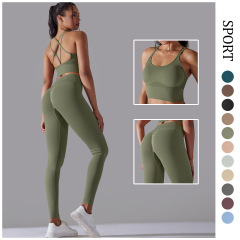 跨境新款高腰提臀無縫瑜伽服性感吊帶美背運動文胸套裝跑步健身服