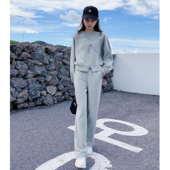2025秋季新款圆领长袖灰色卫衣女垂坠感气质时尚卫裤休闲裤两件套