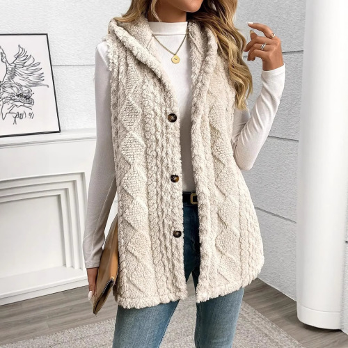European and American cross-border foreign trade hot-selling solid color double-sided plush hooded button cardigan casual ladies autumn and winter vest