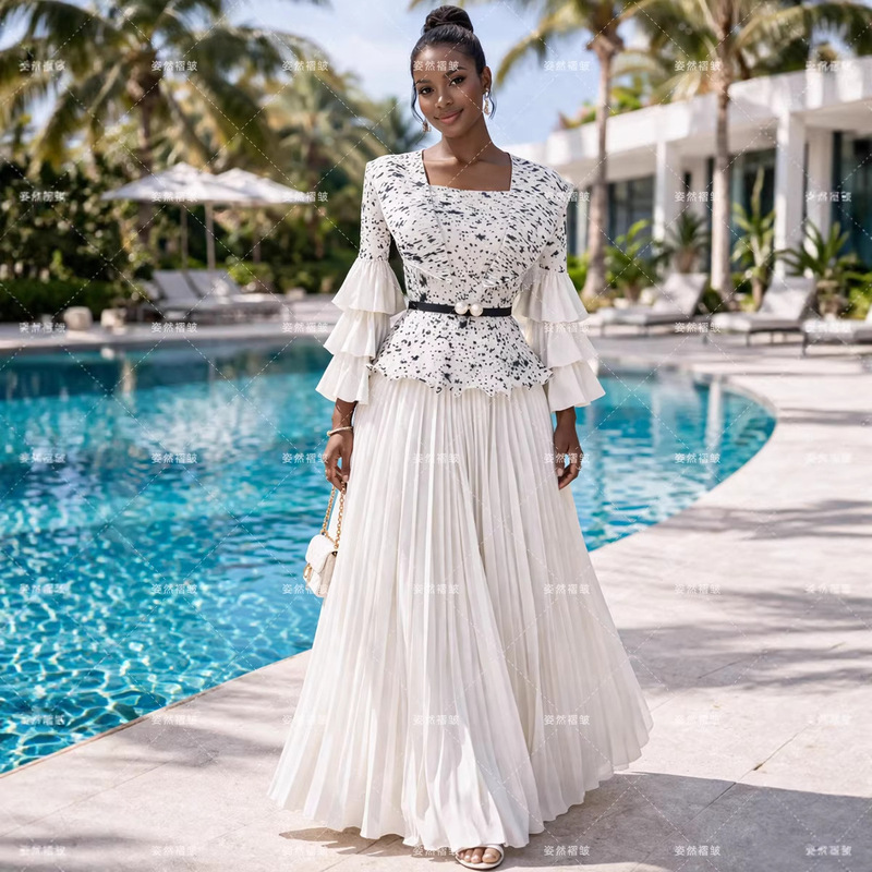 European and American Style Pleated Suit for Socialite Gatherings, Evening Dress with Square Neckline and Ruffled Edges, Plus-Size Church Dress with Print, Two-Piece Set for Women