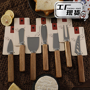 Factory Spot Stainless Steel Titanium-Plated Cheese Knife Series Acacia Wood Handle Cheese Knife and Fork Set Cream Butter Scraper