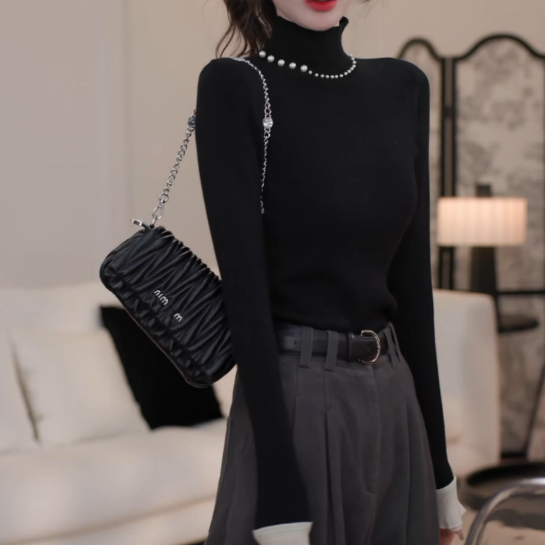 2024秋冬款设计感气质显瘦百搭纯色修身恤女加绒打底衫2500347