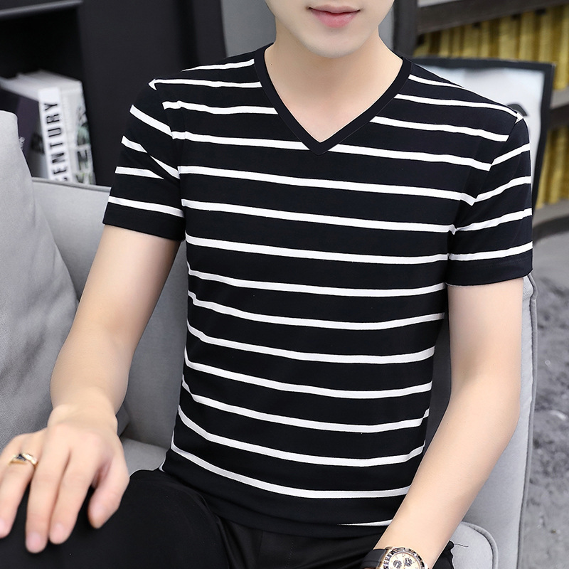 Short-Sleeved T-Shirt for Men 2026 New Style Black and White Stripes 95 Cotton Slim Fit Half-Sleeved Round Neck Summer Trendy Top Trendy Brand