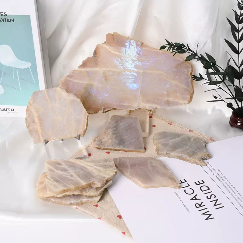 出色珠宝天然月光石切片水晶原石打磨蓝月光家居办公装饰摆件批发