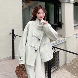 小个子短款毛呢外套女2025秋冬新款高级感牛角扣气质宽松呢子大衣