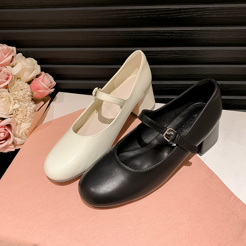 Uva mamá Nuevo estilo coreano elegante hermana ~ punta redonda correa de boca baja de cercanías adelgazante tacón grueso Mary Jane zapatos de una sola capa