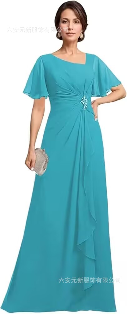 Vestido de novia de gasa de Amazon vestido de madre mariposa de manga corta plisada larga aplicación vestido de invitado de boda