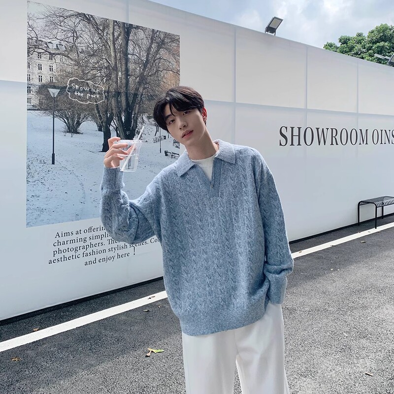 2024 Vintage Lazy Twist Textured V-Neck Turtleneck Sweater Men's Loose Stitching Sweater Trendy Coat