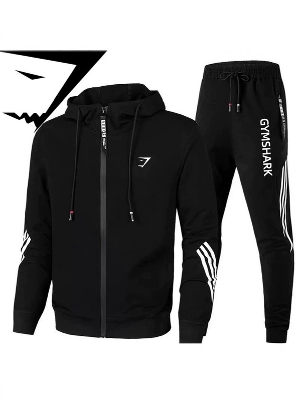 Cross-Border Printed Casual Sports Men's Suit, Fashionable Hooded Zipper Fitness Running and Cycling Set, Muscle Shark
