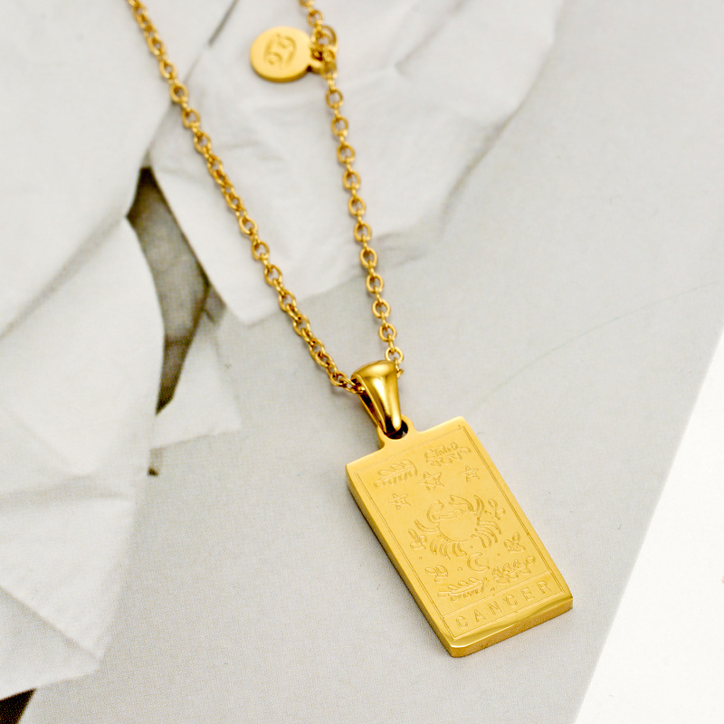 Retro Square Constellation Titanium Steel Inlaid Gold Pendant Necklace