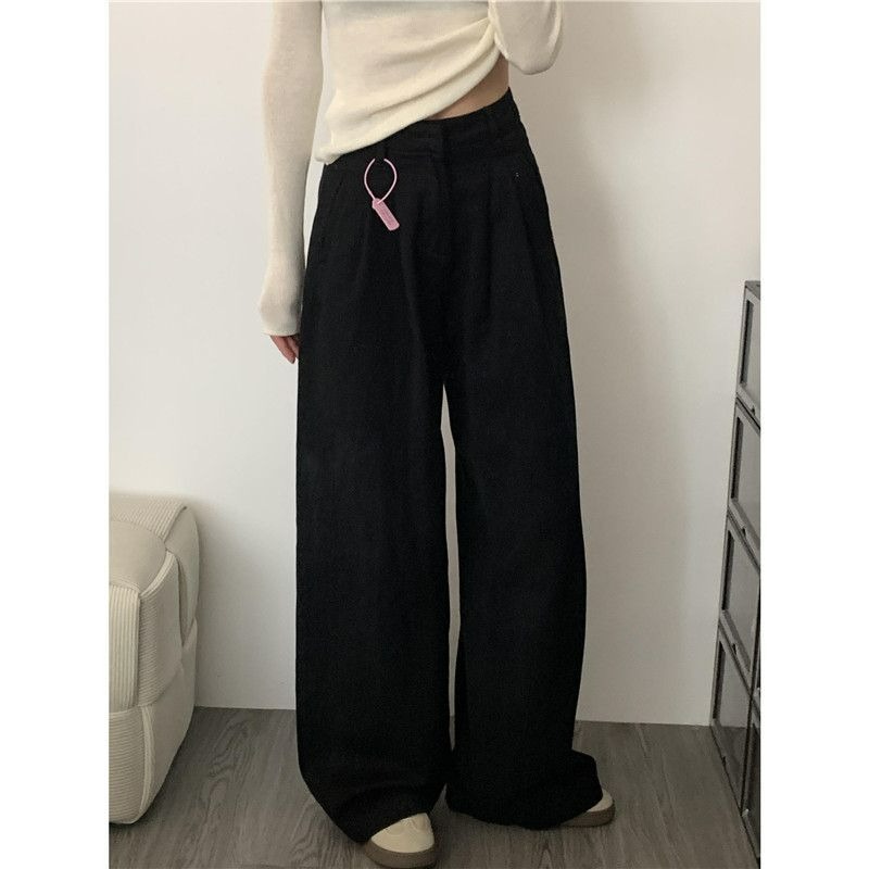 작은 미국 스타일 복고풍 검은 넓은 다리 높은 허리 청바지 가을 새로운 느슨한 슬리밍 스트레이트 바지