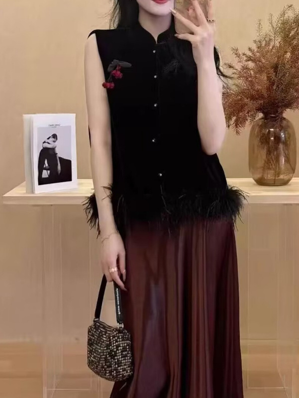 批发中式复古丝绒拼接款下摆毛毛马甲背心上衣气质时尚百搭坎肩|undefined