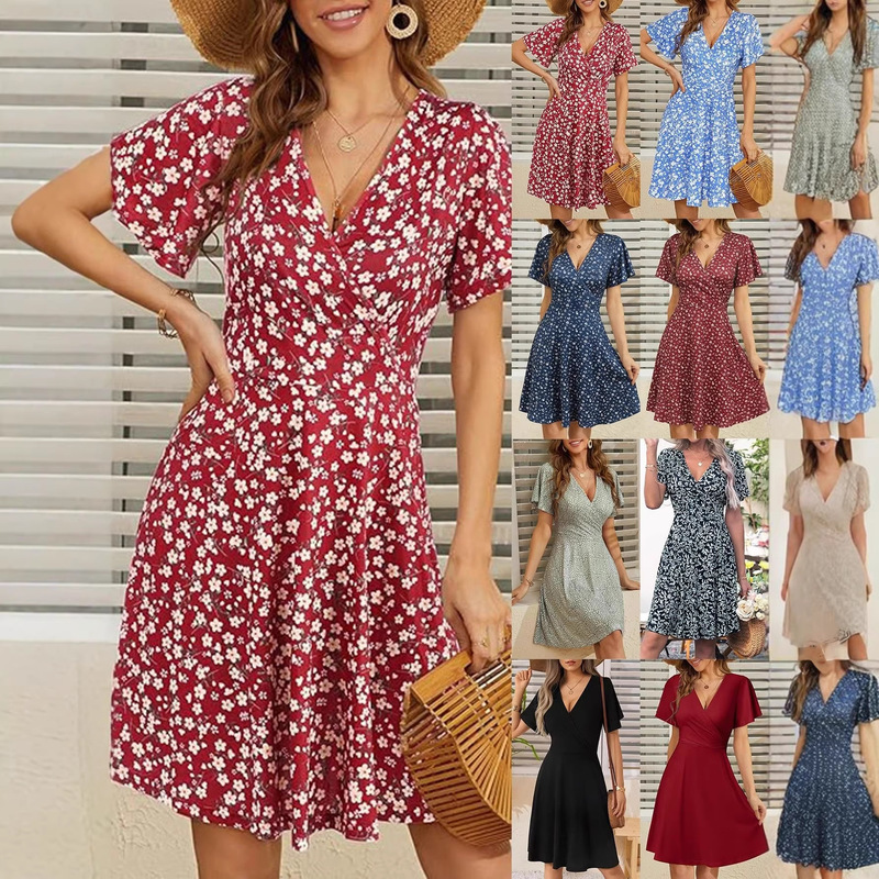 Summer New Fashion Women's Floral Short-Sleeve Wrap V-Neck A-Line Dress for a Stylish and Professional Look Summer New Fashion Women's Floral Short-Sleeve Wrap V-Neck A-Line Dress for a Stylish and Professional Look