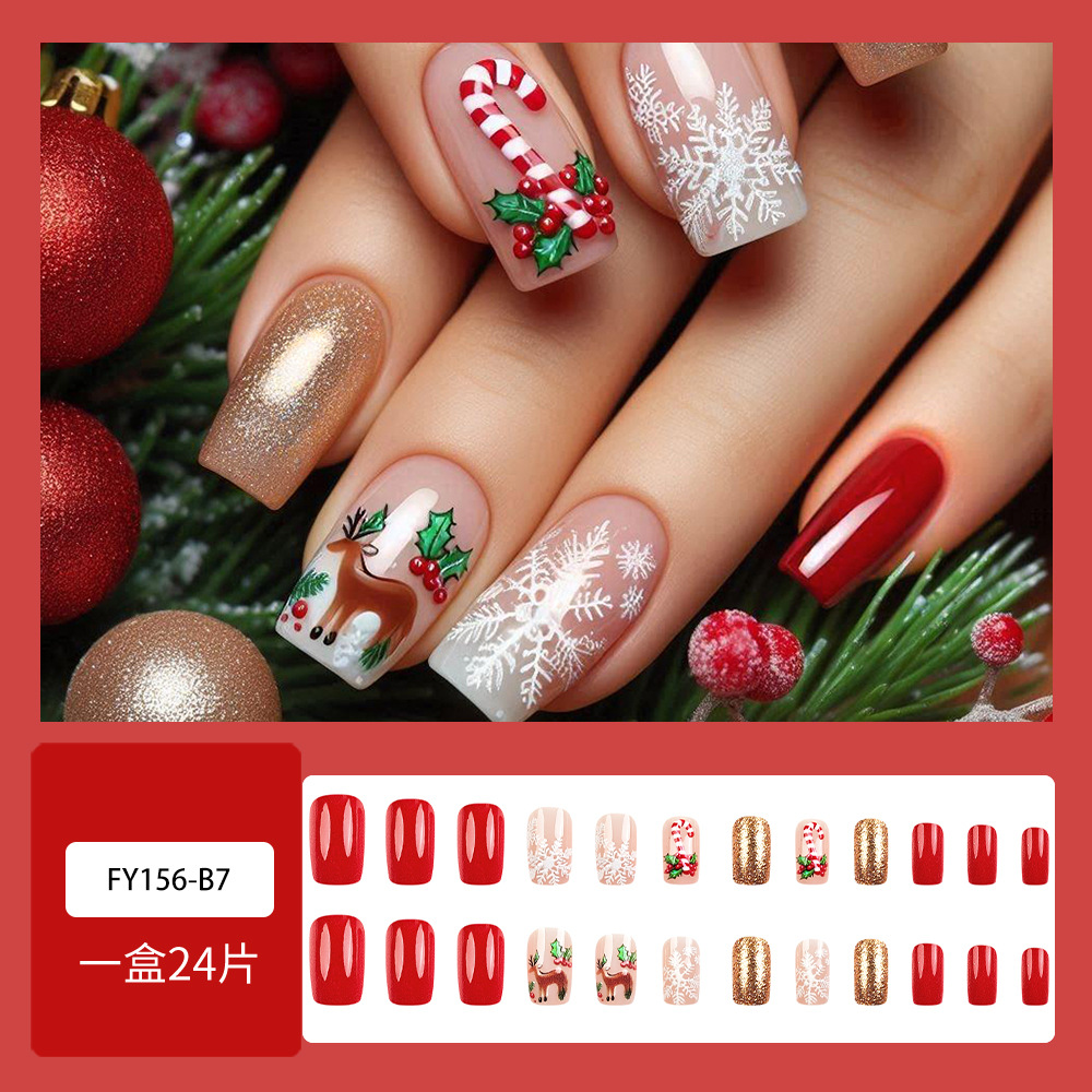 Nuevos ciervos de nieve transfronterizos de color rojo dorado manicure Navidad viento de vestir uñas 24 piezas de parche de uñas
