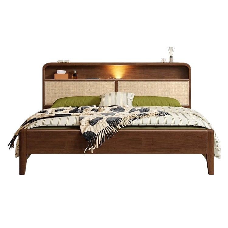 Cama de madera sólida nórdica con lámpara de noche moderna simple de 1.2m con cajón cama de madera de caña de 1.8m cama doble alta caja de almacenamiento