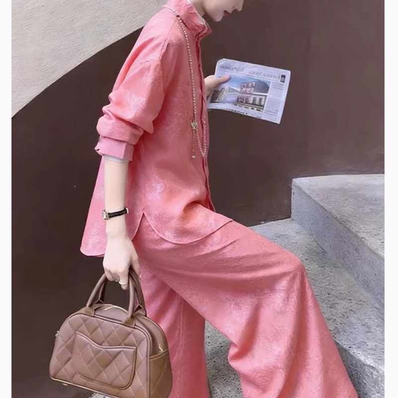 New Chinese-Style Stand-Collar Shirt Set 2026 New Model Pink Slimming and Age-Reducing Full Set Spring-Summer National Style Long Pants Set