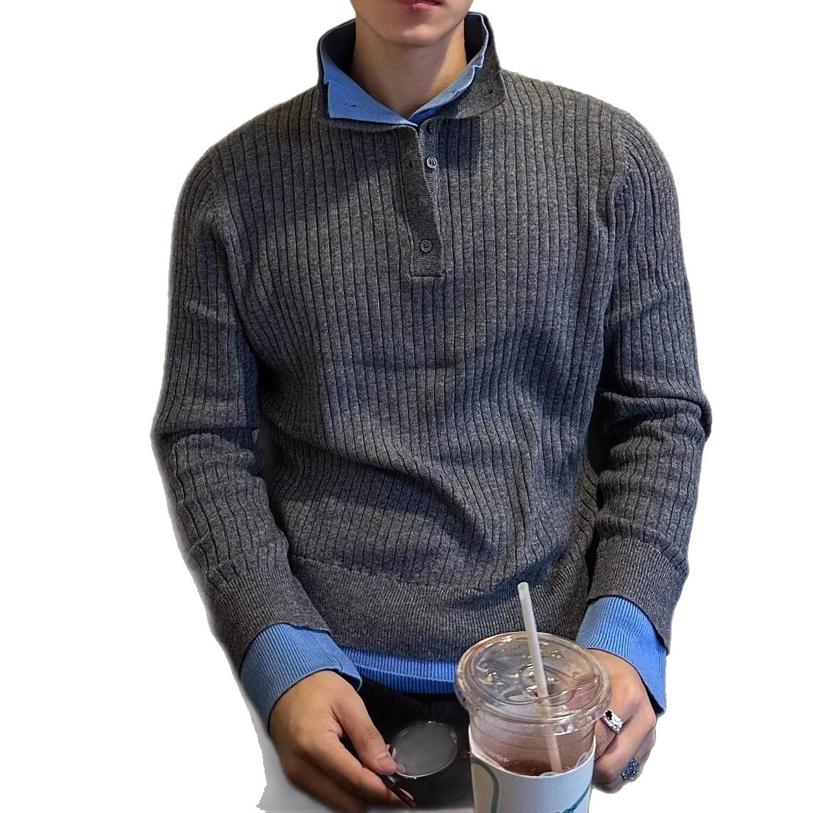 Falsas dos piezas de collar henry jersey suéter hombre viejo estilo de alto sentido de otoño invierno suéter fábrica transfronteriza al por mayor