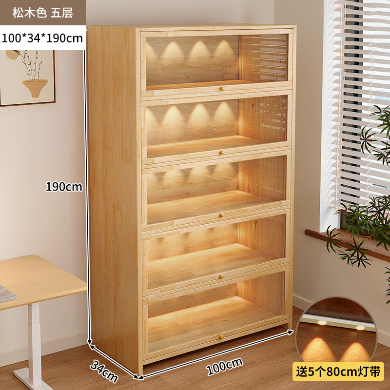 Librería de madera maciza a prueba de polvo integrada contra la pared Armario de almacenamiento de color nogal Armario de almacenamiento Armario de piso Estantería para el hogar